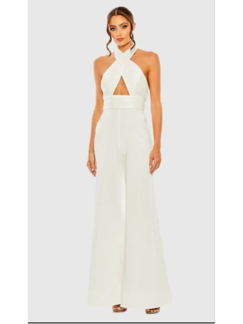 Women's Mac Duggal White Sequined Crisscross Halter Jumpsuit Size 2